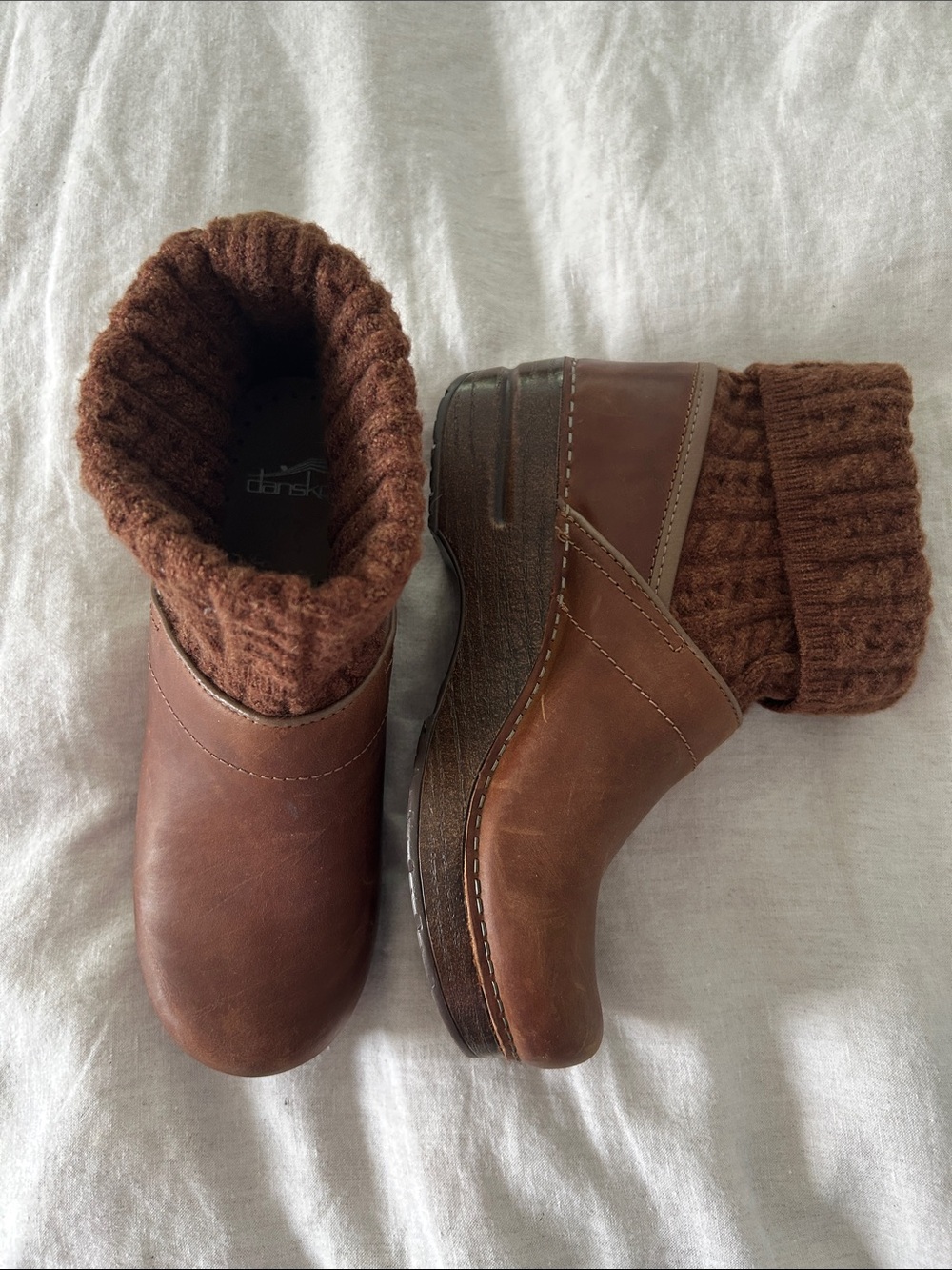 Dansko Brown Leather Clog Boots with Knit Cuff